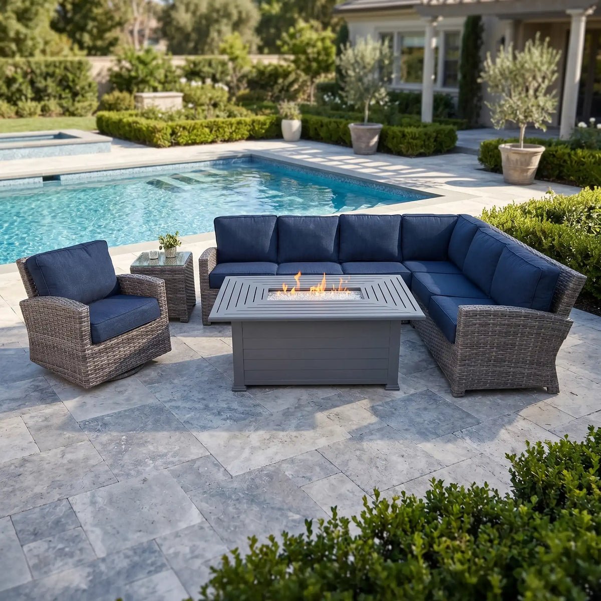 Woodridge 7 Piece Sectional Firepit Group – Spectrum Indigo