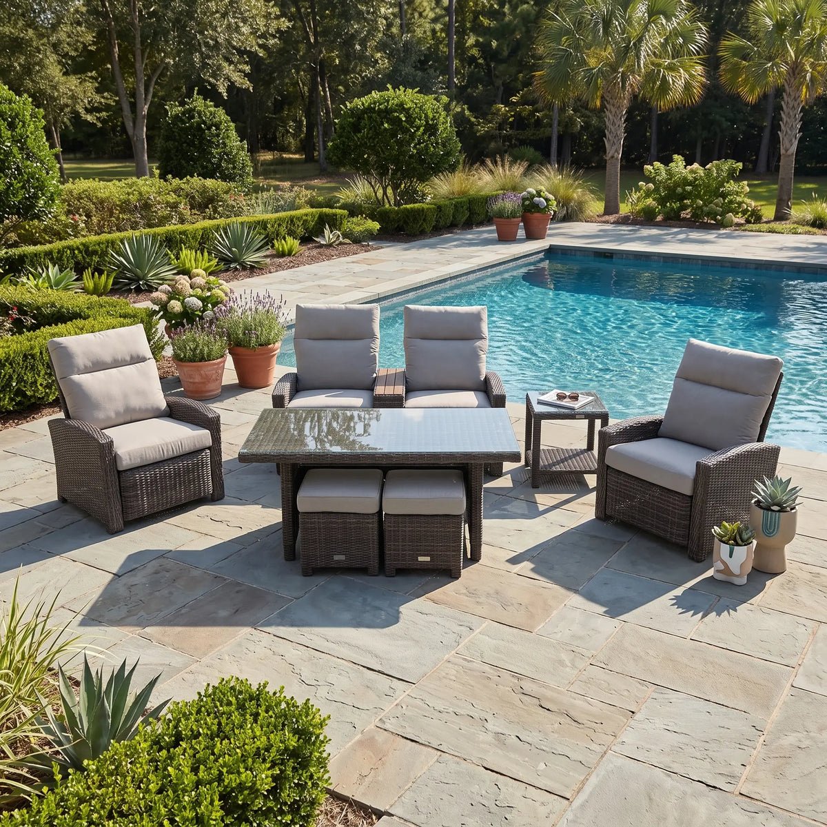 Ellis Reclining 7 Piece Loveseat Conversation Group – Dove Acrylic