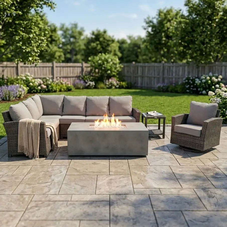 Ellis 7 Piece Sectional Firepit Chat Group – Dove Acrylic
