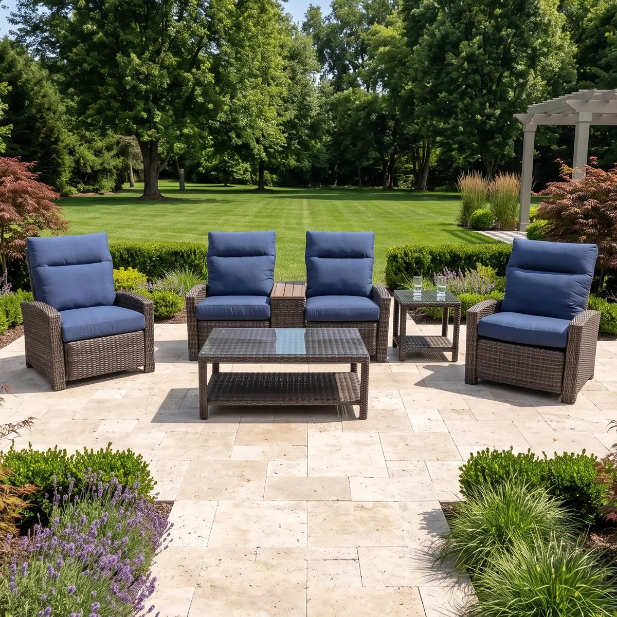 Ellis Reclining 5 Piece Loveseat Chat Group – Indigo Acrylic