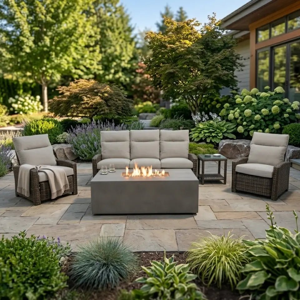 Ellis Reclining 5 Piece Sofa Firepit/Chat Group – Dove Acrylic