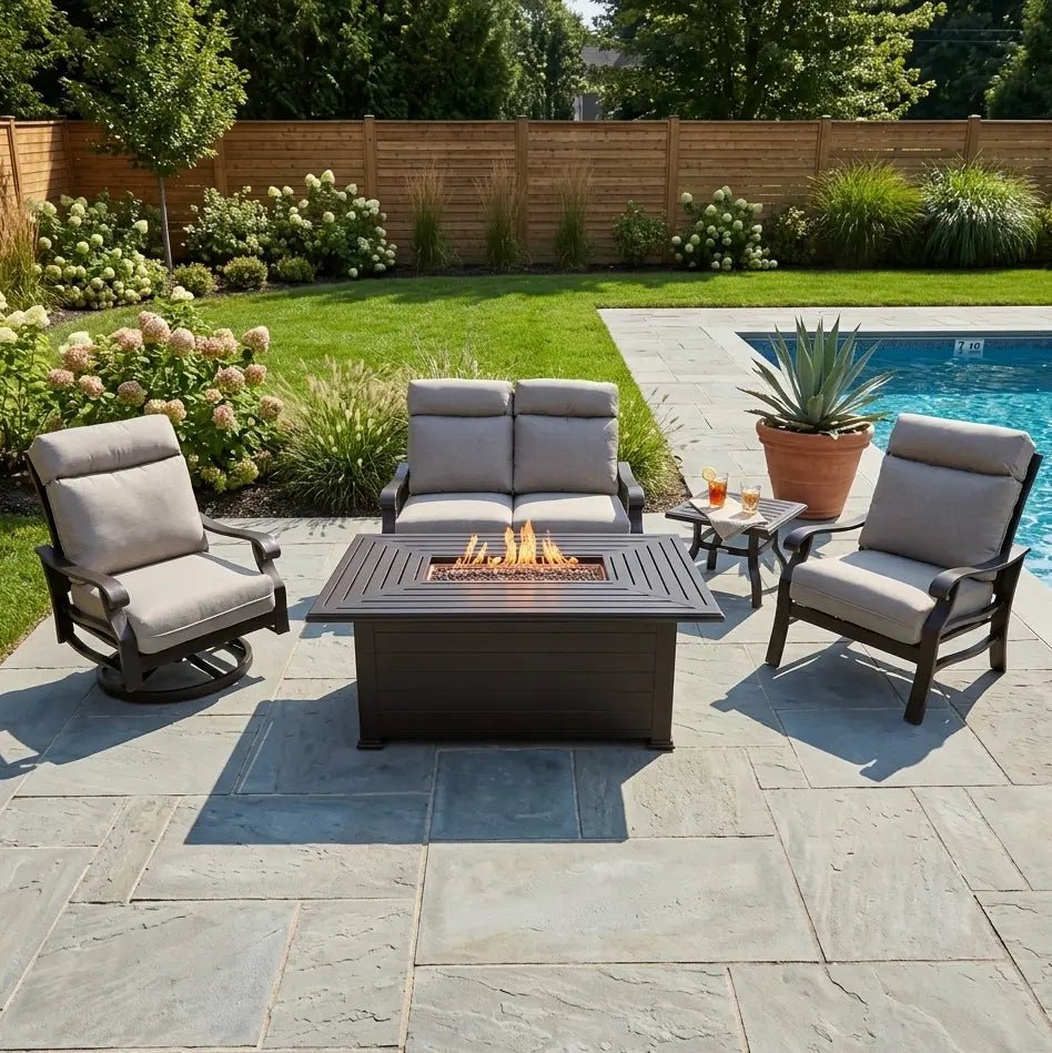 Stirling 5 Piece Loveseat Firepit/Chat Group – Makar Oyster