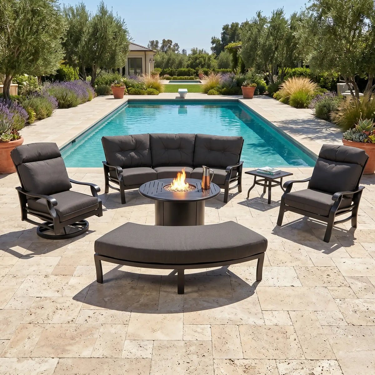 Stirling 8 Piece Curved Sofa Firepit/Chat Group – Canvas Coal