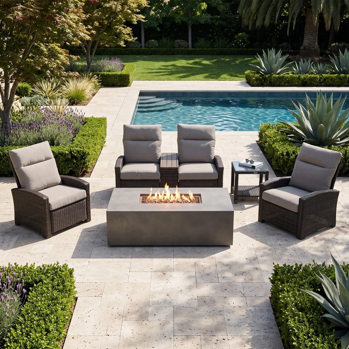 Ellis Reclining 5 Piece Loveseat Firepit/Chat Group – Dove Acrylic