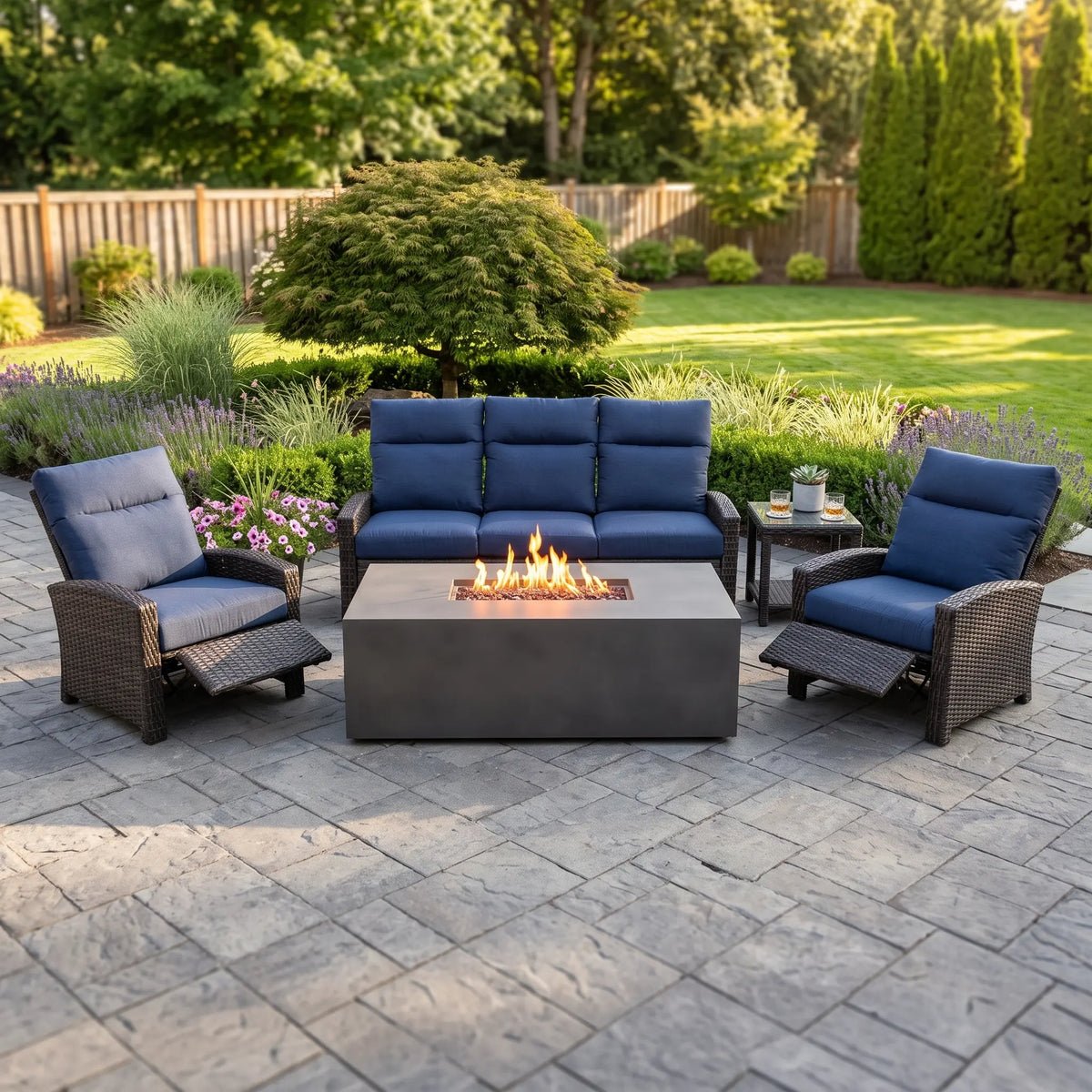 Ellis Reclining 5 Piece Sofa Firepit/Chat Group – Indigo Acrylic