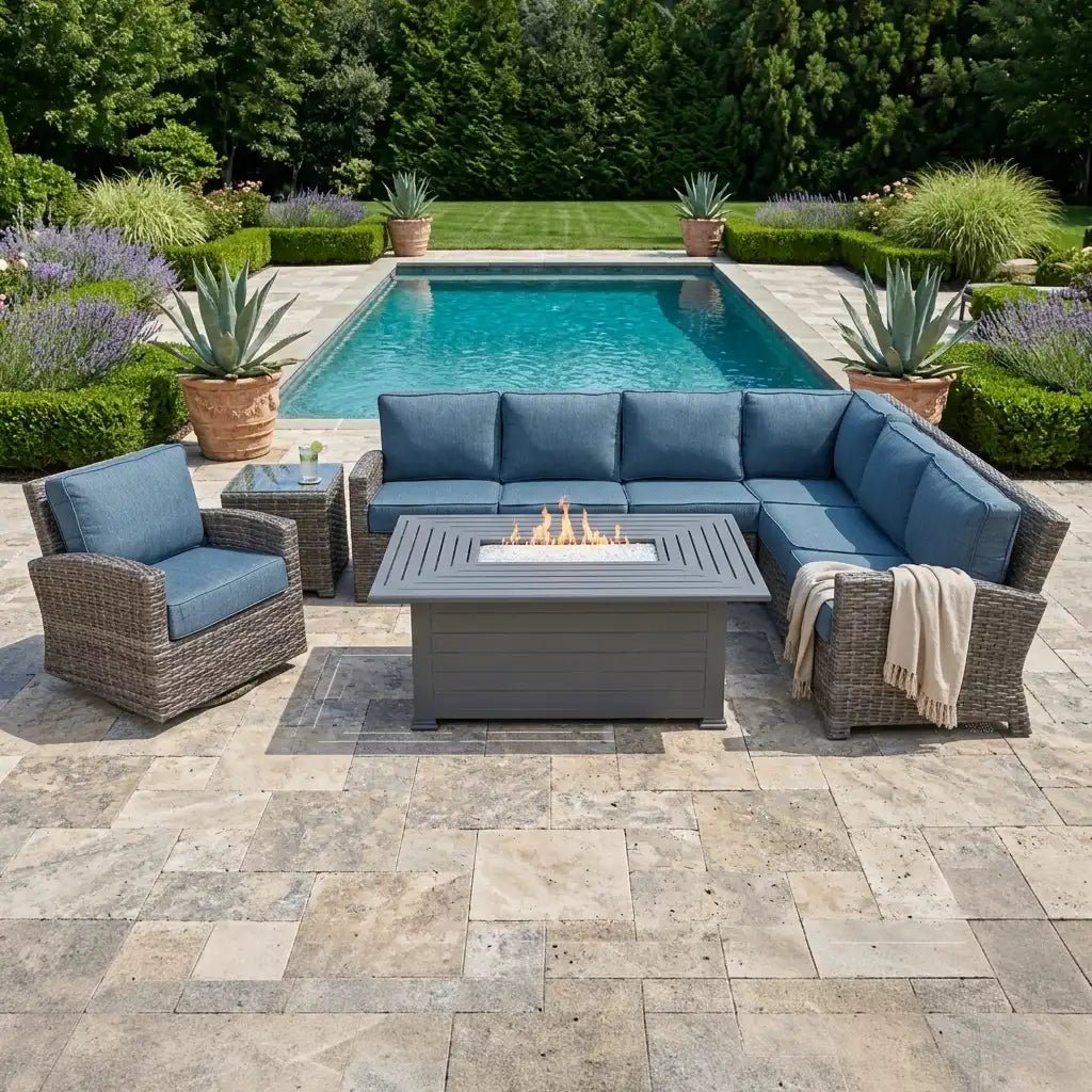 Woodridge 7 Piece Sectional Firepit Group – Spectrum Denim