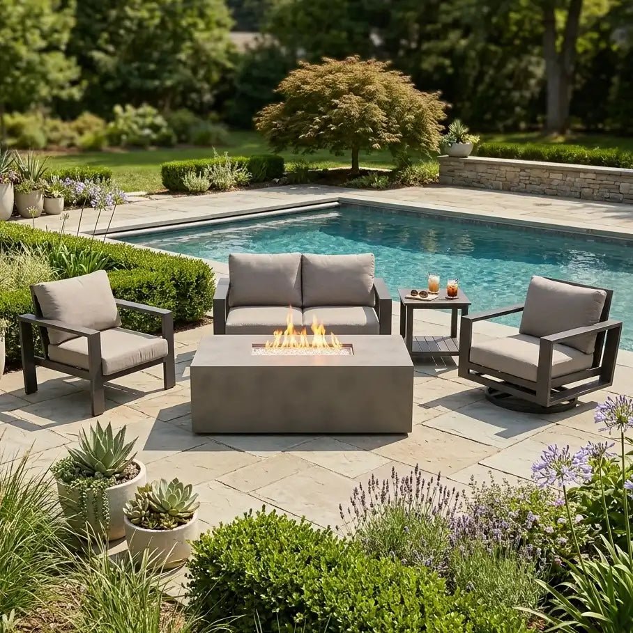 Sutton Grey 5 Piece Loveseat Firepit Chat Group – Dove