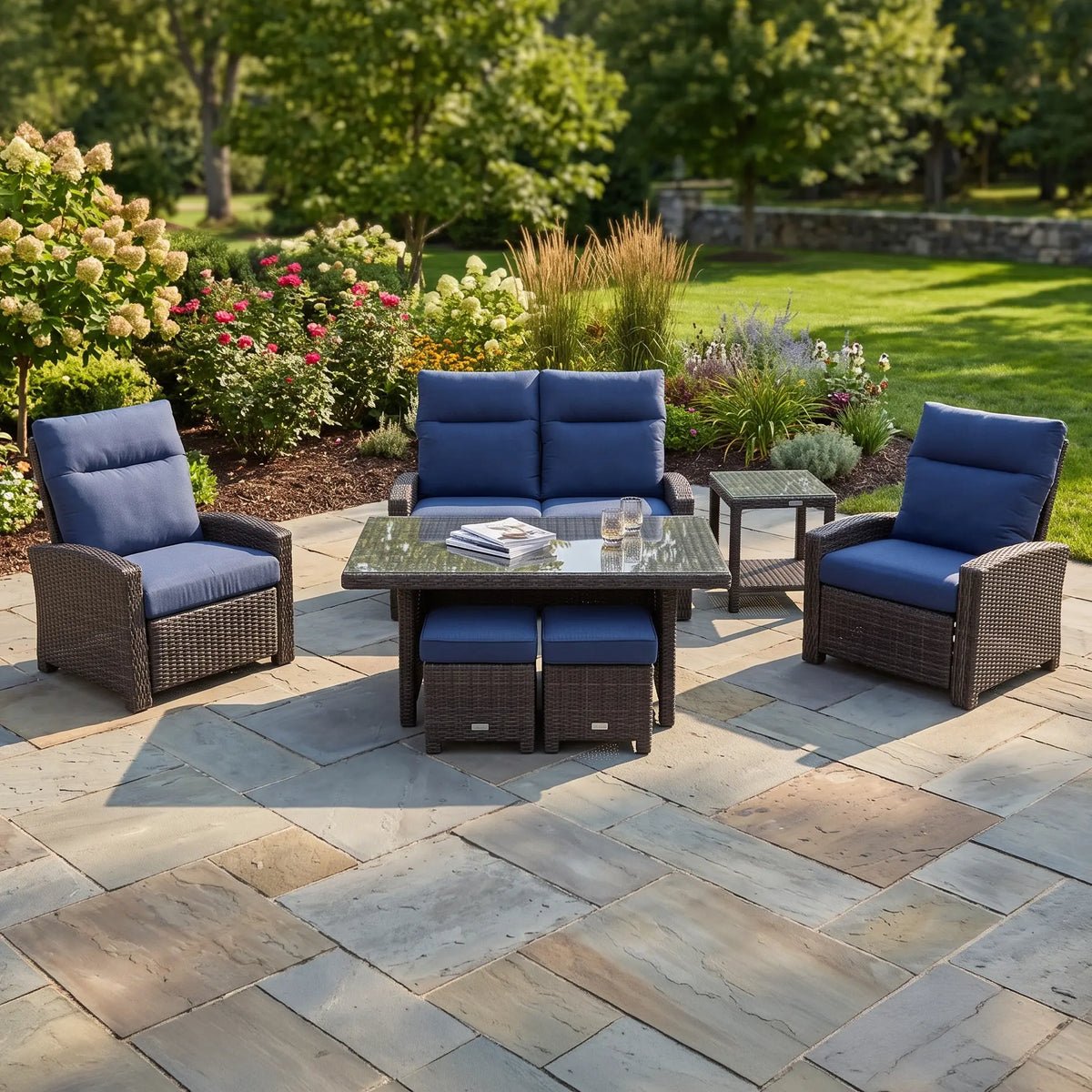 Ellis Reclining 7 Piece Loveseat Conversation Group – Indigo Acrylic