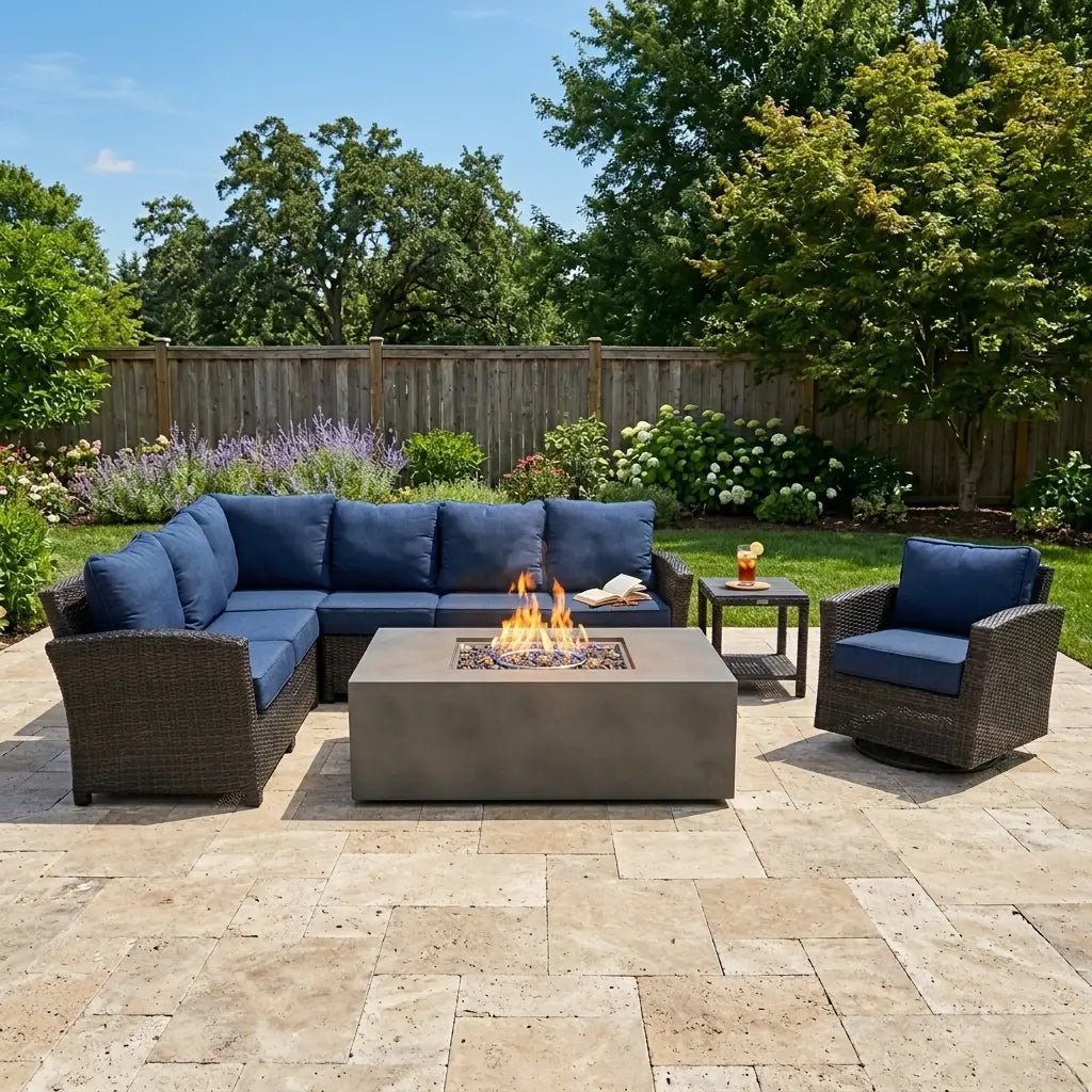 Ellis 7 Piece Sectional Firepit Chat Group – Indigo Acrylic