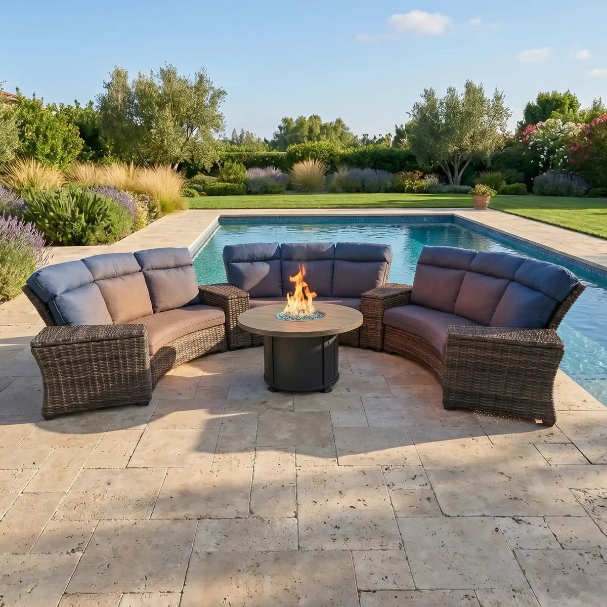 Grey Kampala 8 Piece Curved Sectional Firepit Group – Lifeguard Lapis Indigo