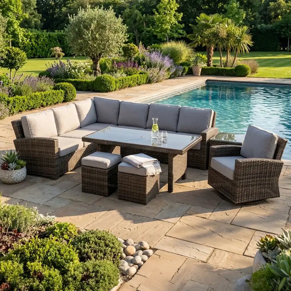 Woodridge 9 Piece Sectional Conversation/Chat Group – Canvas Steel