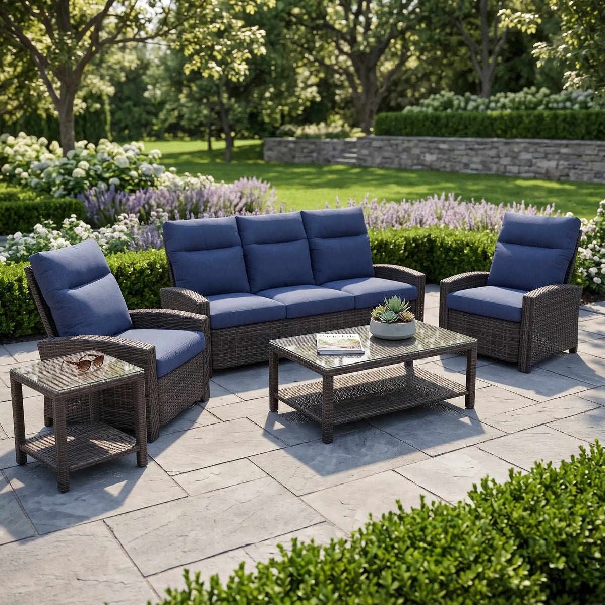 Ellis Reclining 5 Piece Sofa Chat Group – Indigo Acrylic